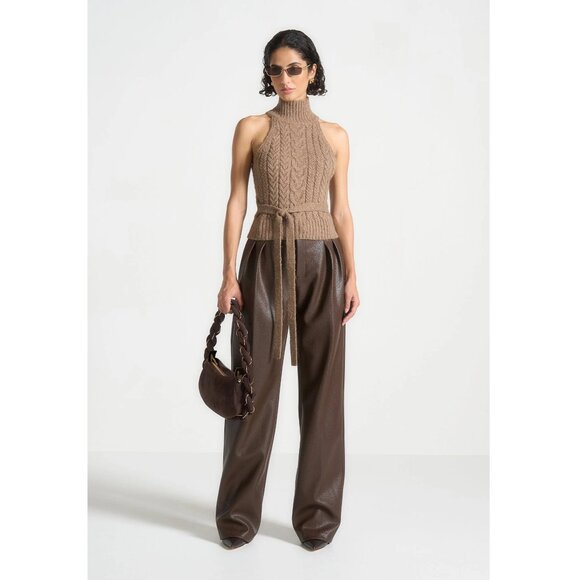 Maniere de Voir Pebbled Leather Pleated Stacked Trousers - Brown. Size 0. NWT - Picture 8 of 9